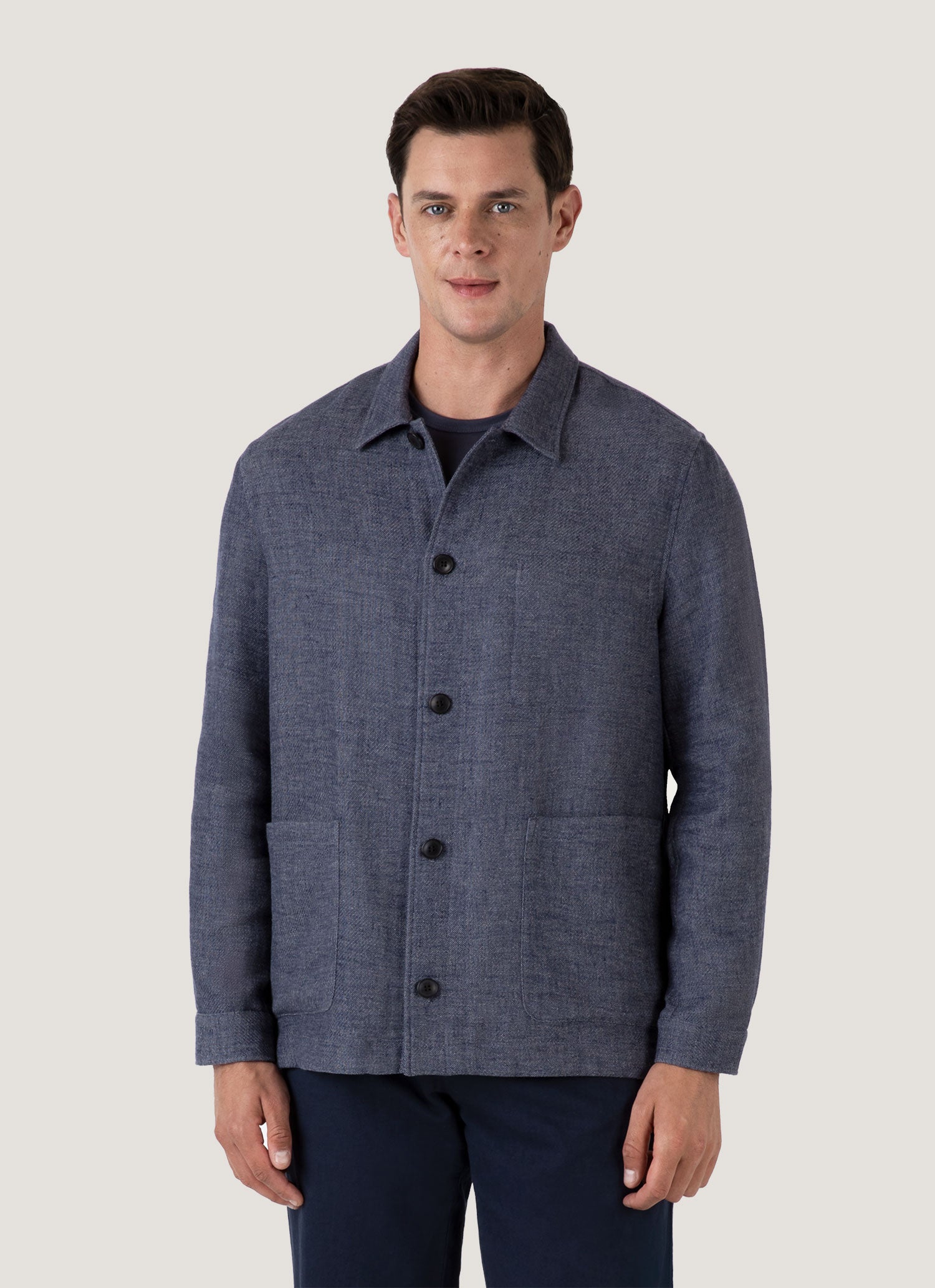 Men's Cotton Linen Twill Twin Pocket Jacket in Denim Blue