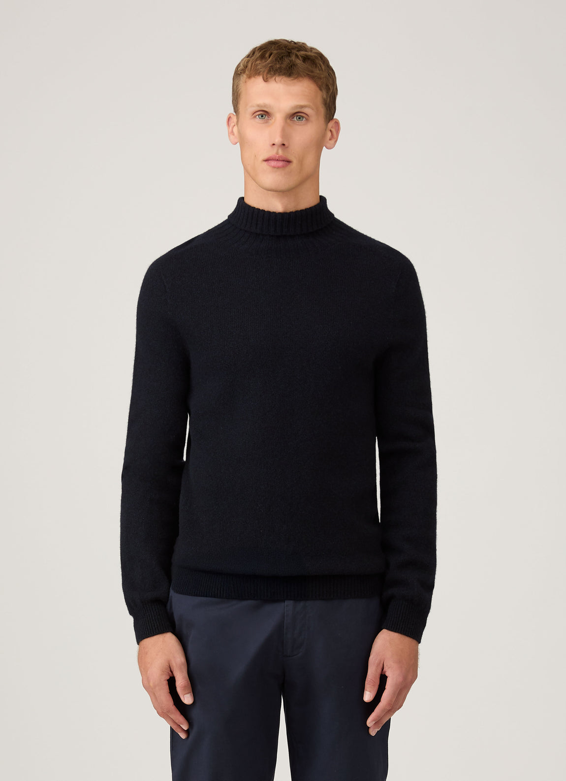Men's Lambswool Roll Neck in Dark Navy Mouline