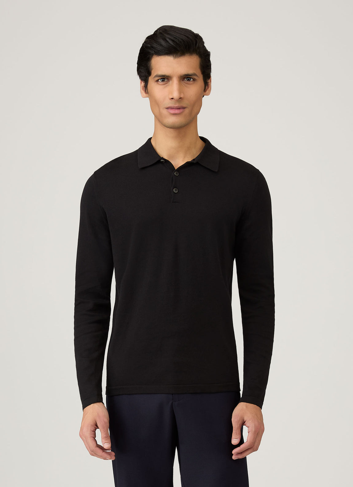 Men's Sea Island Cotton Long Sleeve Polo Shirt in Black