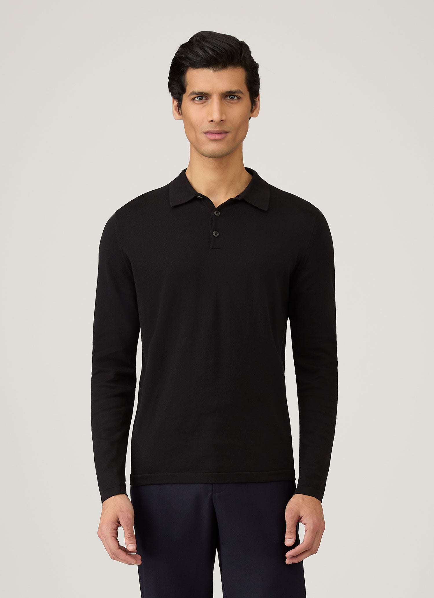Men's Sea Island Cotton Long Sleeve Polo Shirt in Black