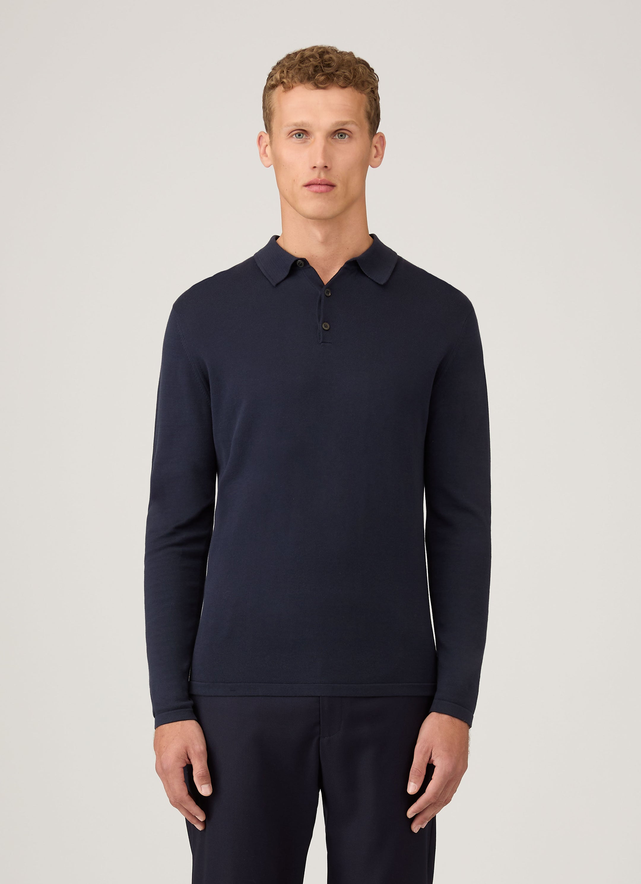 Men's Sea Island Cotton Long Sleeve Polo Shirt in Light Navy
