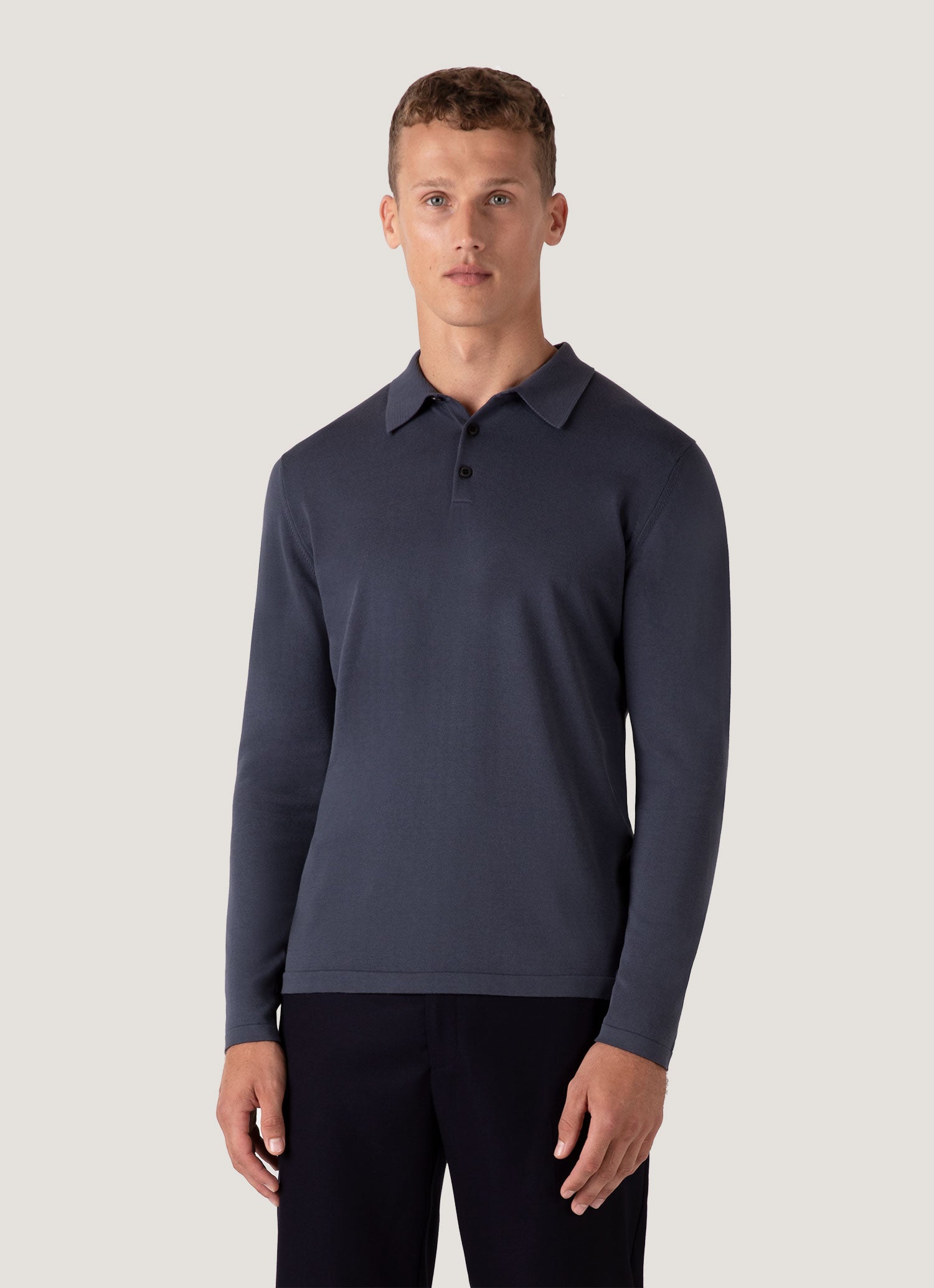 Men's Long Sleeve Sea Island Cotton Polo Shirt in Slate Blue