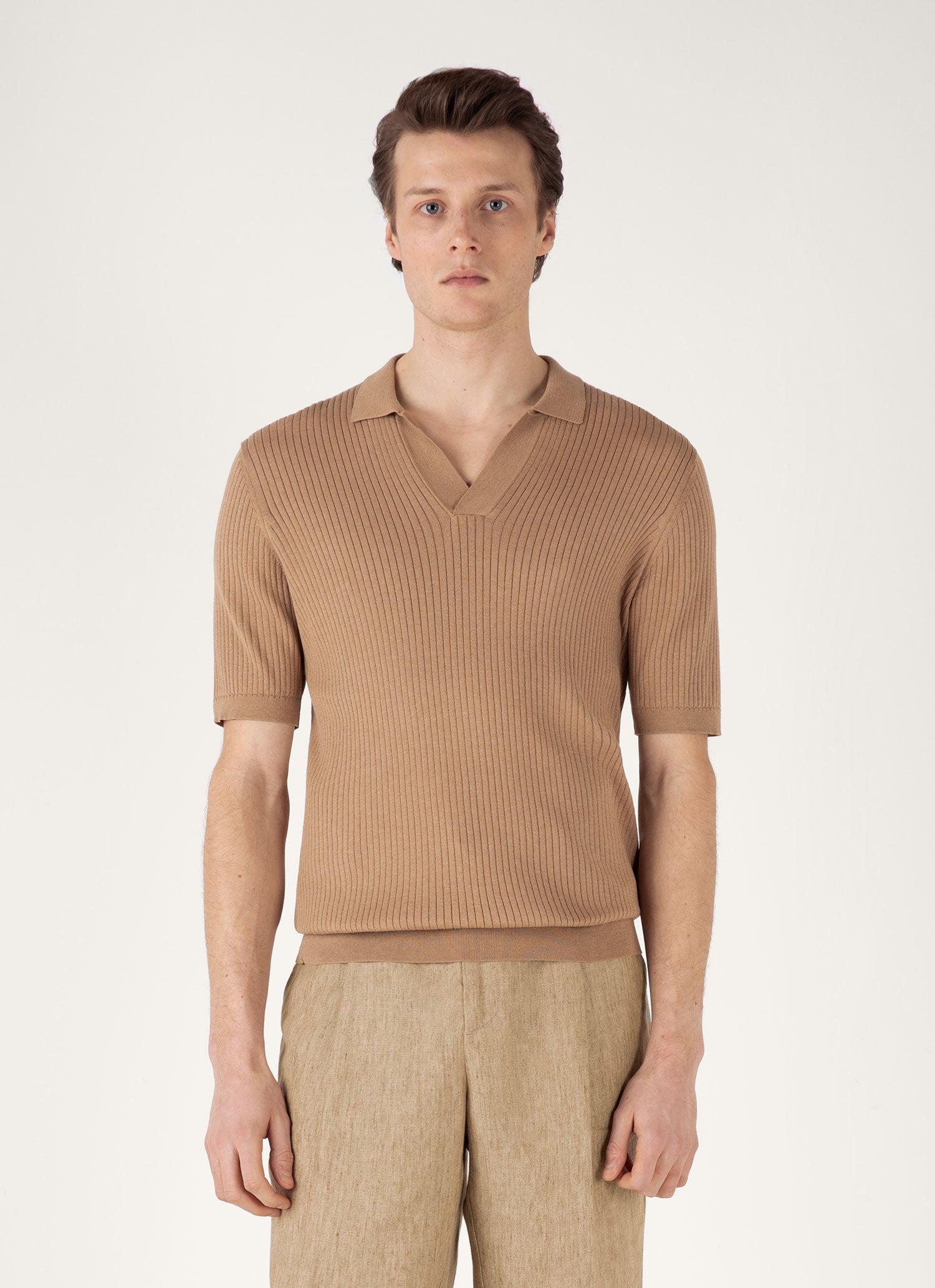 Men's Fine Rib Silk Cotton Polo Shirt in Dune
