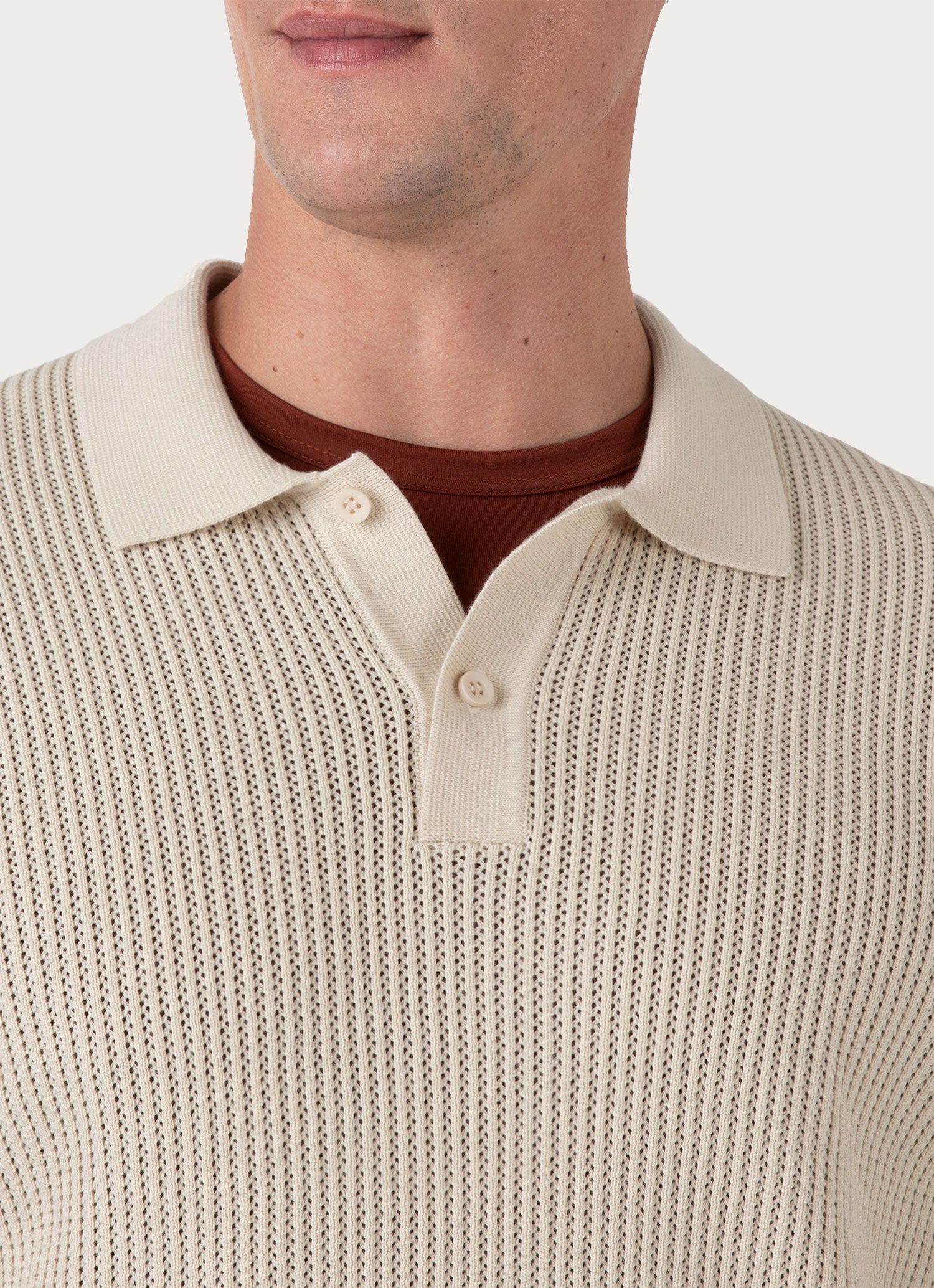 Men's Linear Mesh Knit Polo Shirt in Ecru