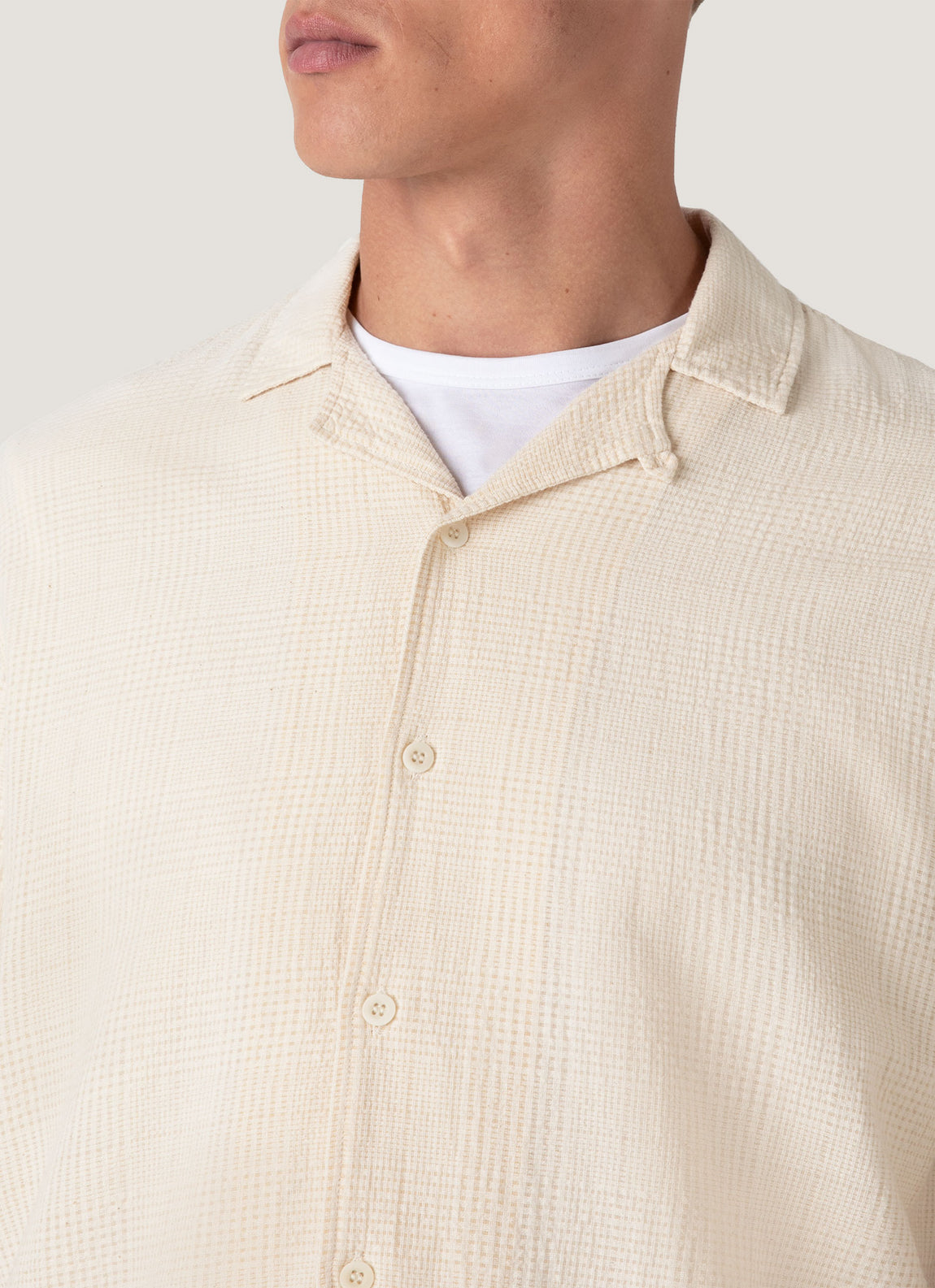Men's Loose Weave Check Camp Collar Shirt in Ecru