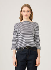 Women's Boat Neck T-shirt in White/Navy English Stripe