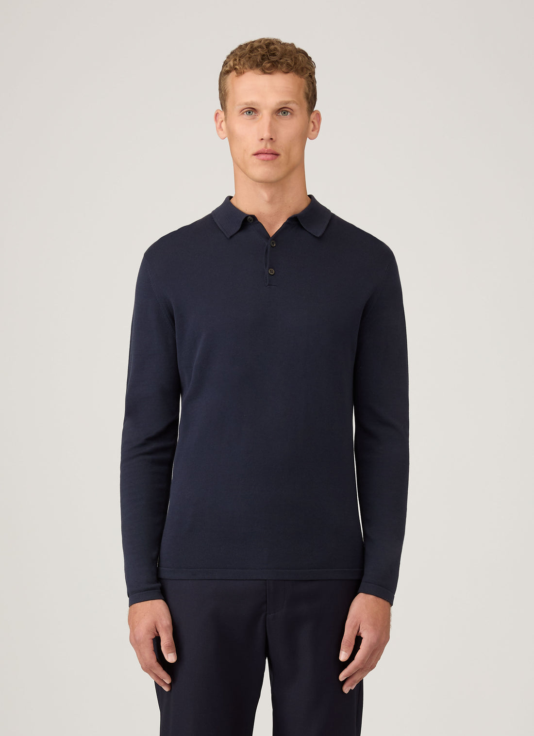 Men's Sea Island Cotton Long Sleeve Polo Shirt in Light Navy