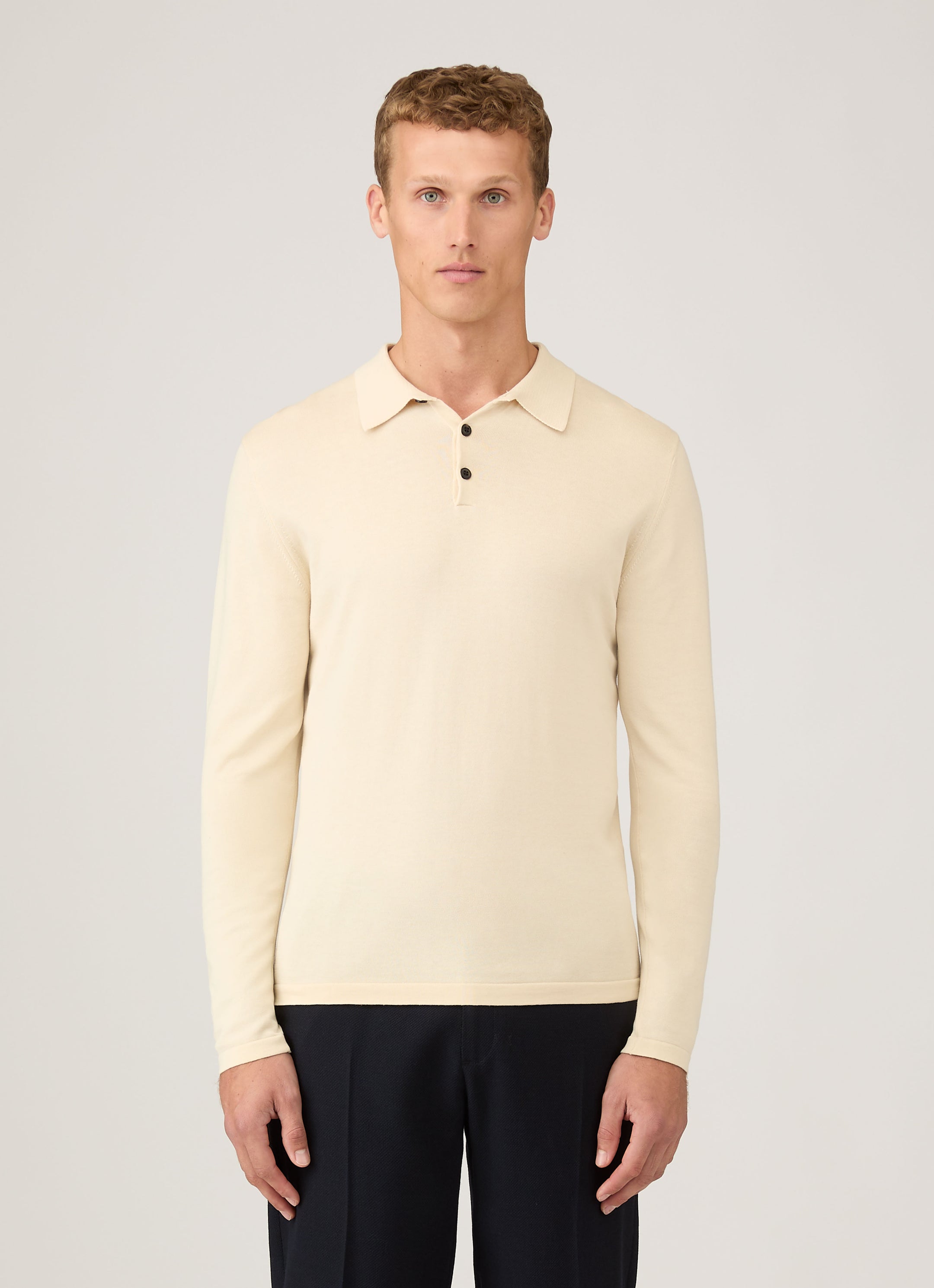 Men's Sea Island Cotton Long Sleeve Polo Shirt in Undyed