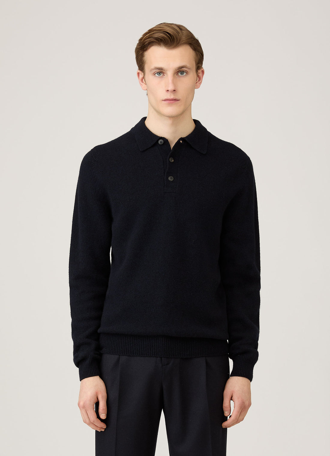 Men's Lambswool Polo Shirt in Dark Navy Mouline