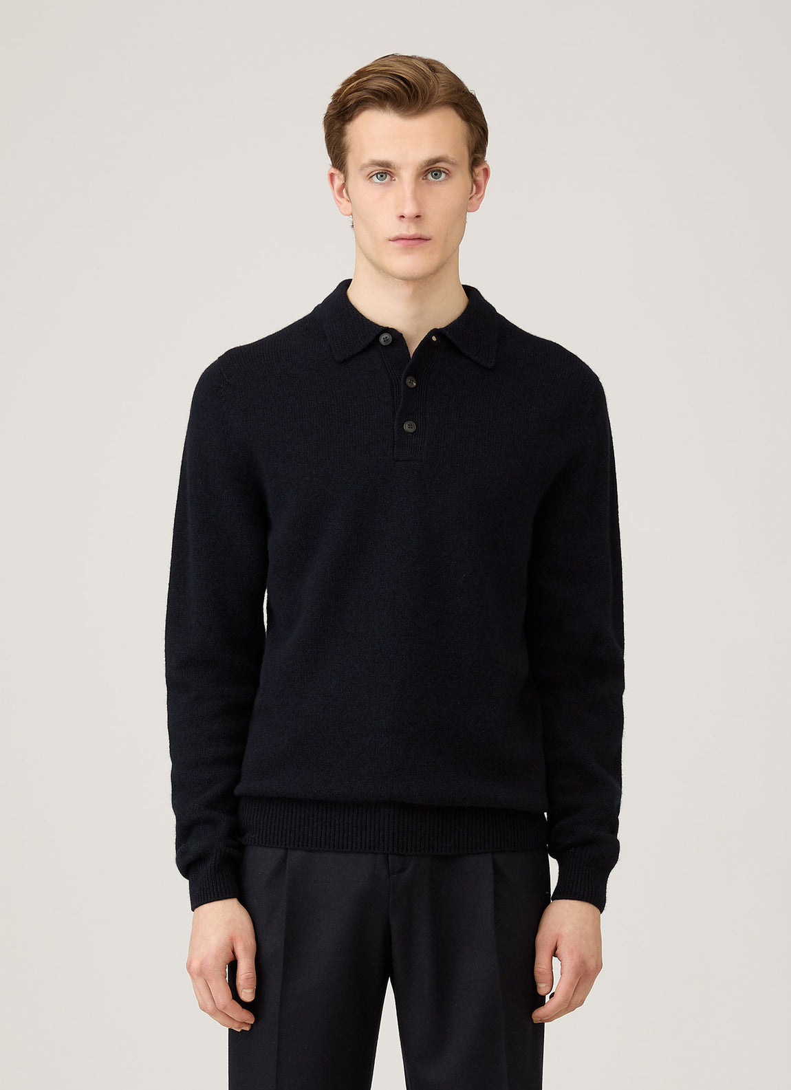 Men's Lambswool Polo Shirt in Dark Navy Mouline