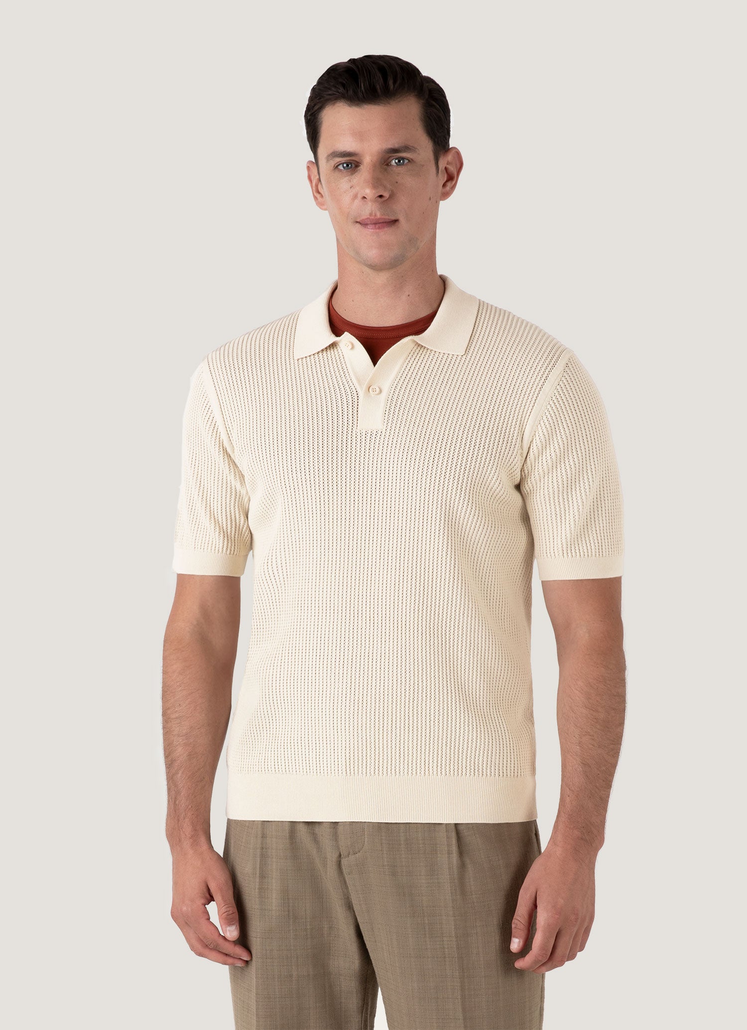 Men's Linear Mesh Knit Polo Shirt in Ecru