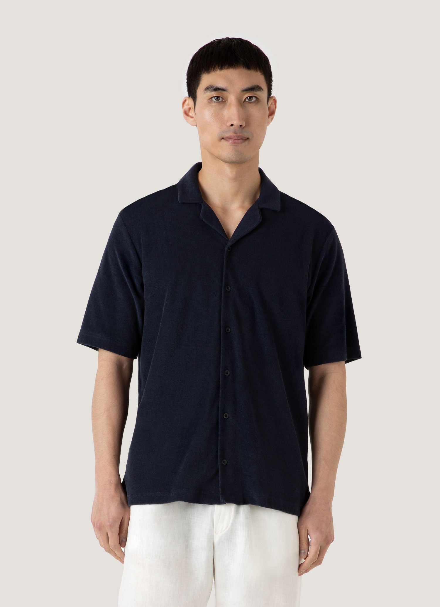 Men's Towelling Camp Collar Shirt in Navy