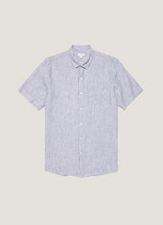 Men's Short Sleeve Linen Shirt in Navy/White