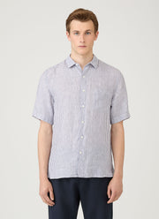 Men's Short Sleeve Linen Shirt in Navy/White