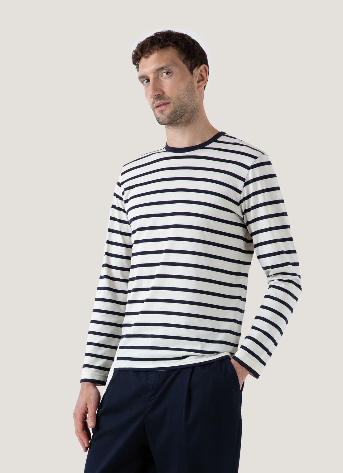 Men's Long Sleeve Classic T-shirt in Ecru/Navy Breton Stripe