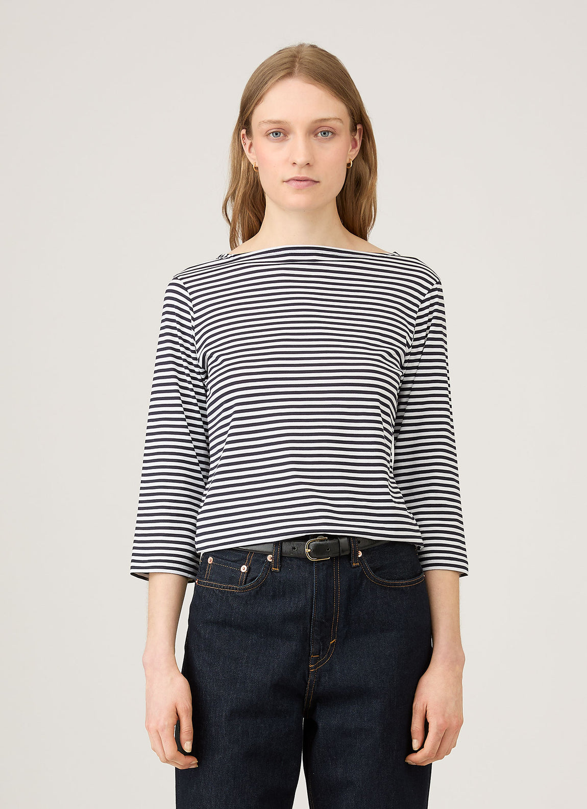 Women's Boat Neck T-shirt in White/Navy English Stripe