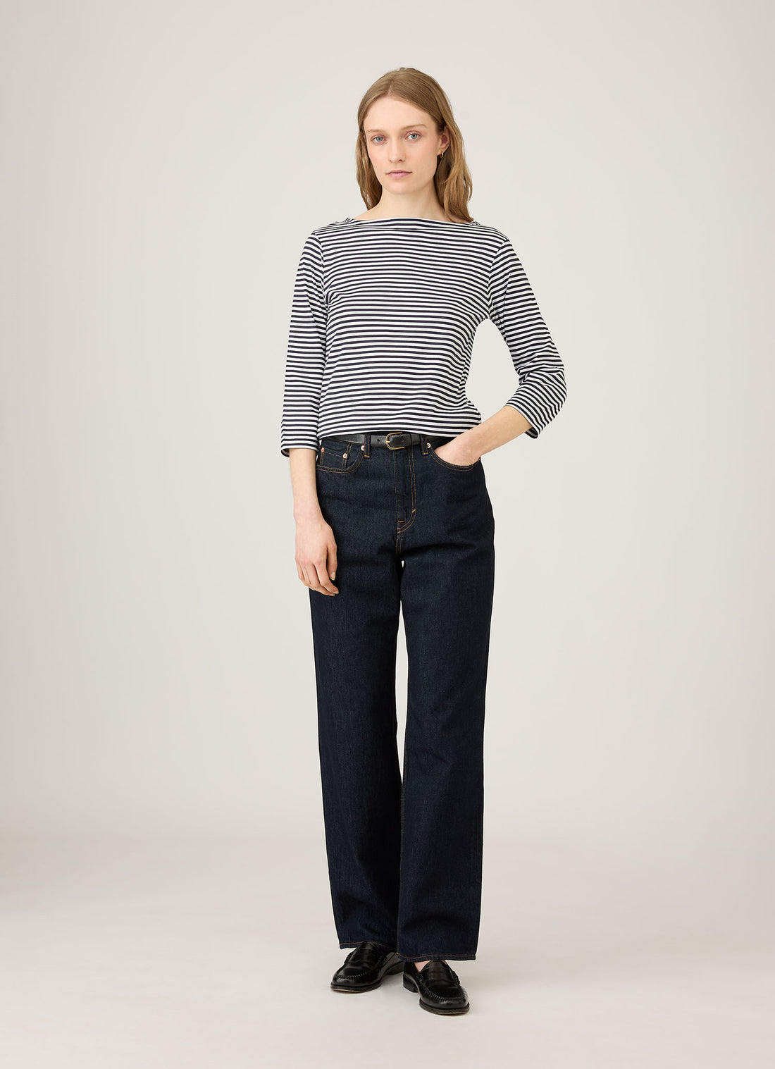 Women's Boat Neck T-shirt in White/Navy English Stripe