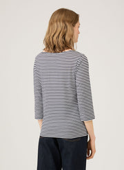Women's Boat Neck T-shirt in White/Navy English Stripe