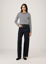 Women's Long Sleeve Classic T-shirt in White/Navy English Stripe